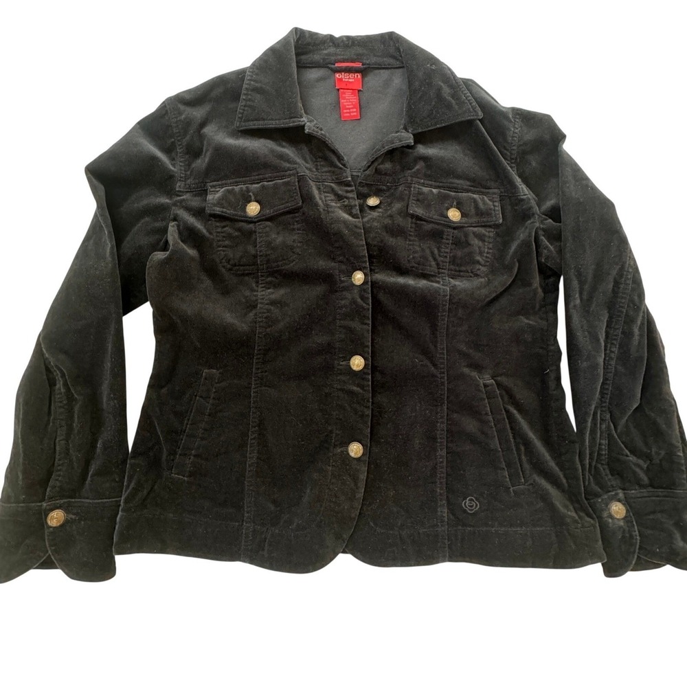 Olsen Europe Velvet Black Jacket Size 12 Button Front Crest Gold Detail